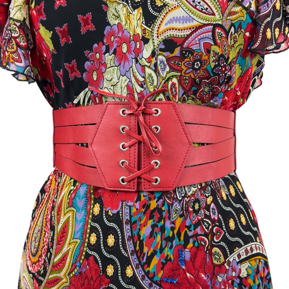 Gothic Red Lace Up Corset Belt Faux Leather Elastic Punk Edgy Vampy